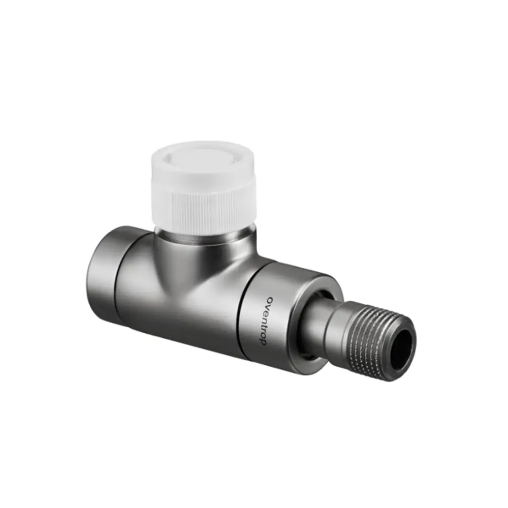 Thermostatventil von Oventrop in Edelstahl-Optik mit einem Durchgangsanschluss und einem Ventilkopf, geeignet für Heizungs- und Kühlsysteme.